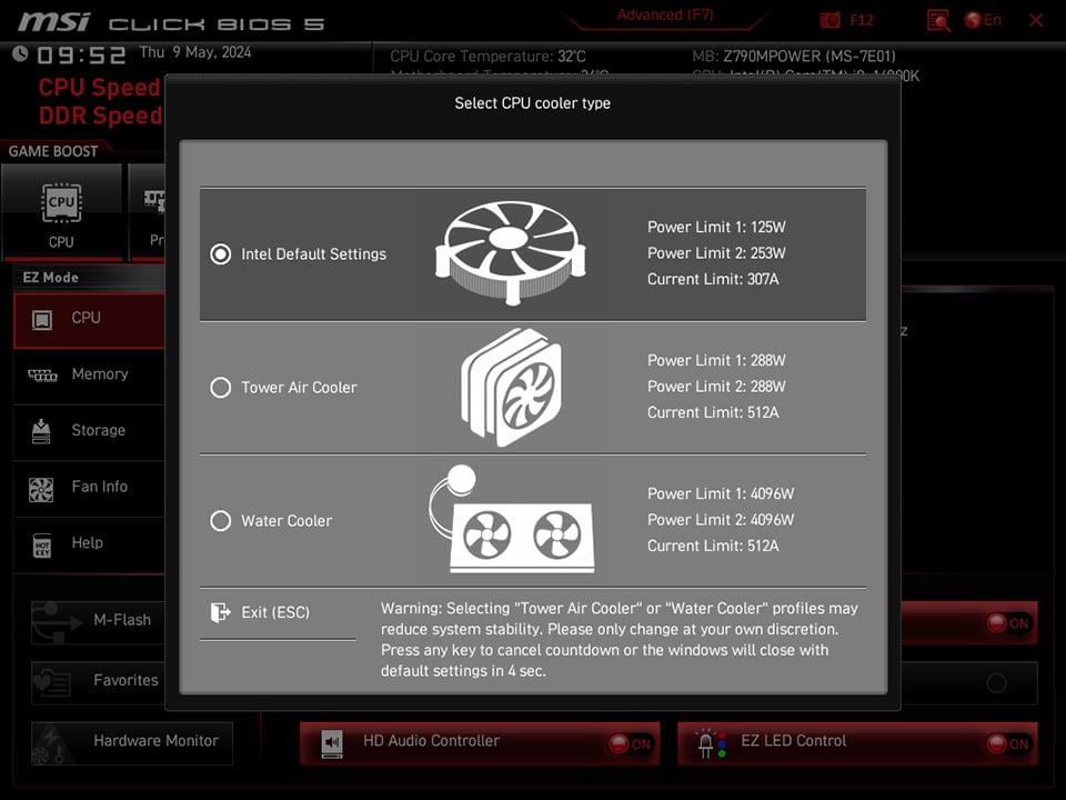 MSI Intel default settings